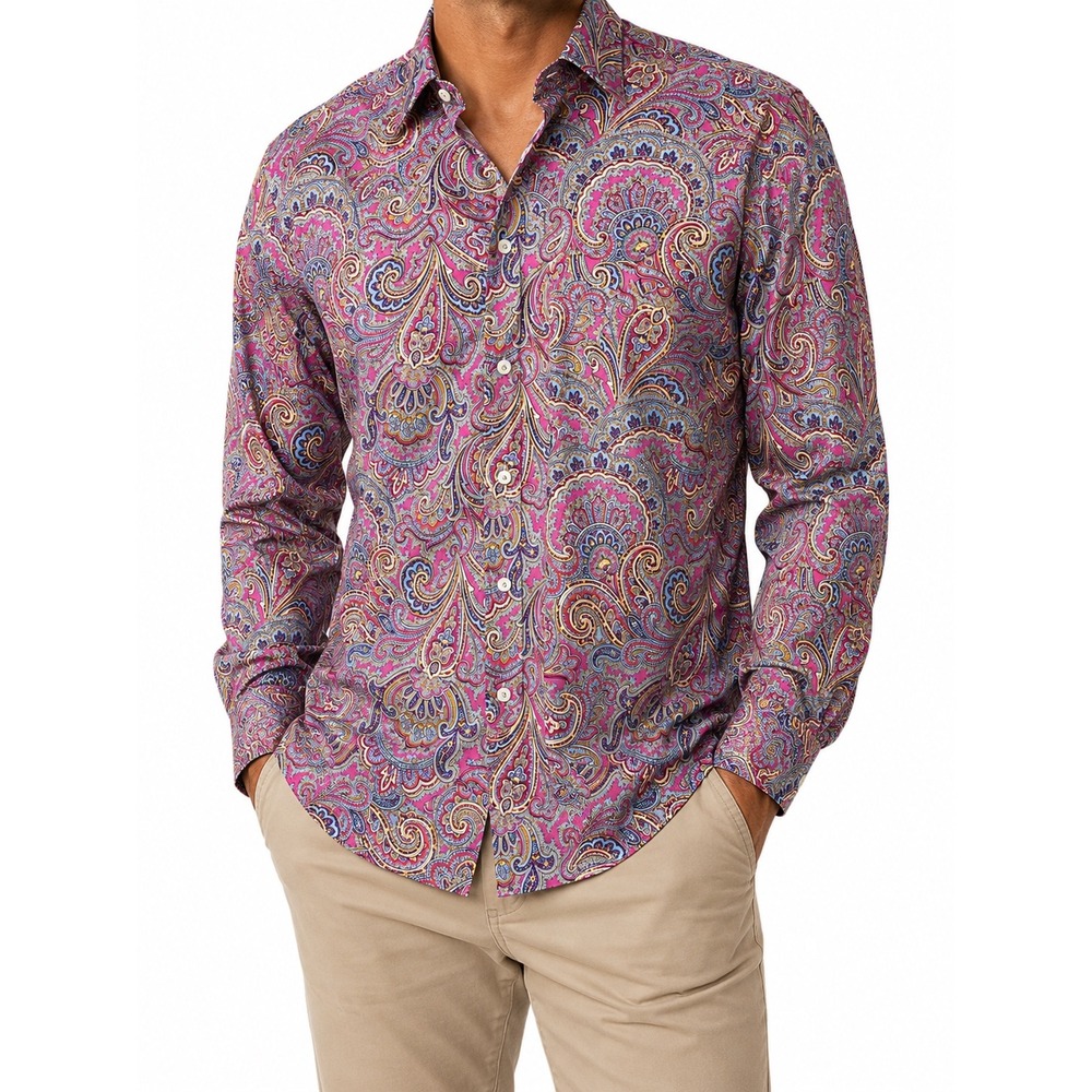 Alan Flusser Mens Pink Blue Paisley Cotton Button Down Long Sleeve Shirt Large